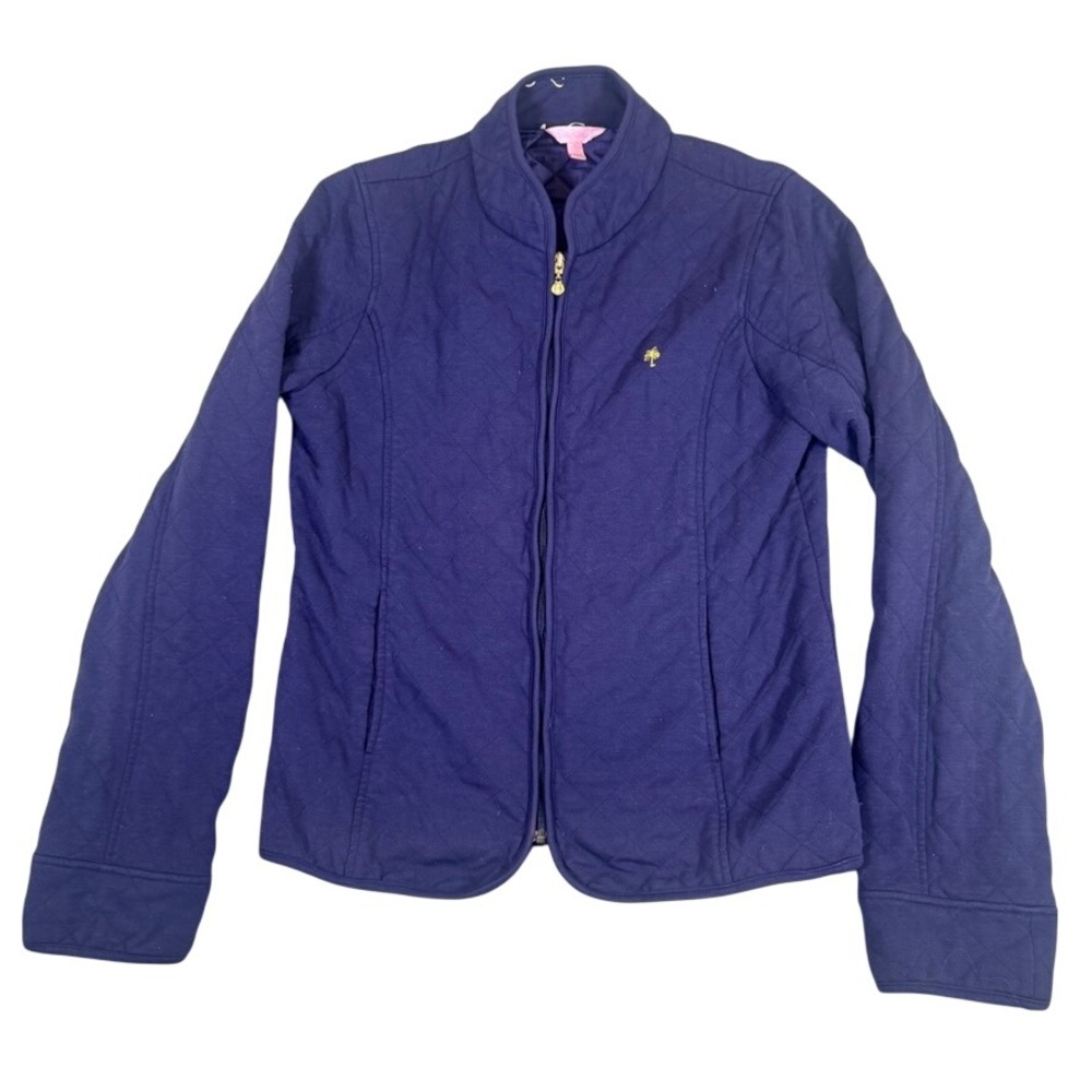 Lilly Pulitzer Navy Blue Quilted Zip Up Jacket Palm Tree Logo Women Large